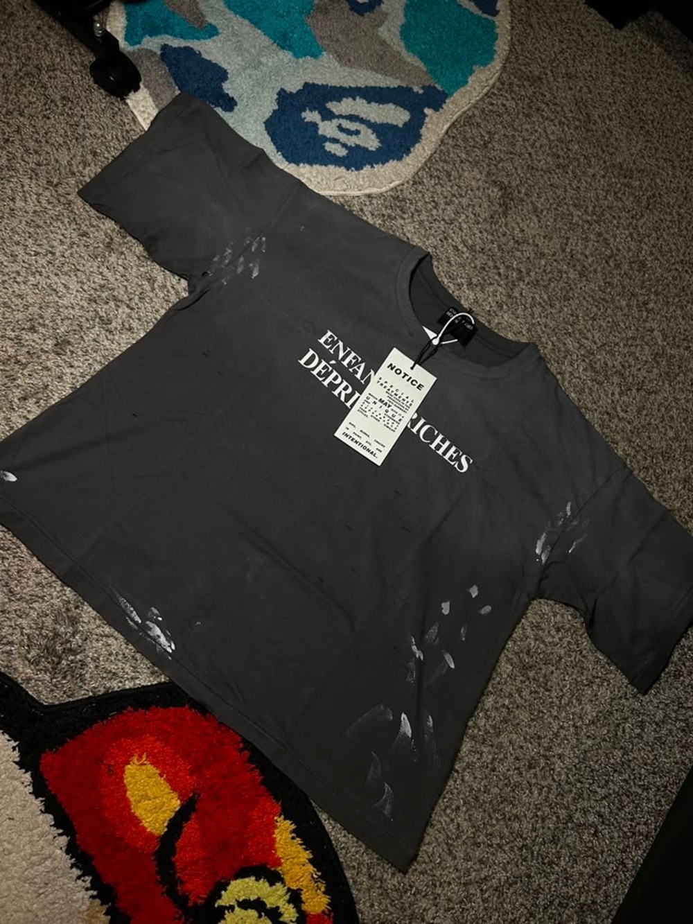 Black Graphic Short Sleeve Crewneck T-Shirt with Distressed Paint Detail